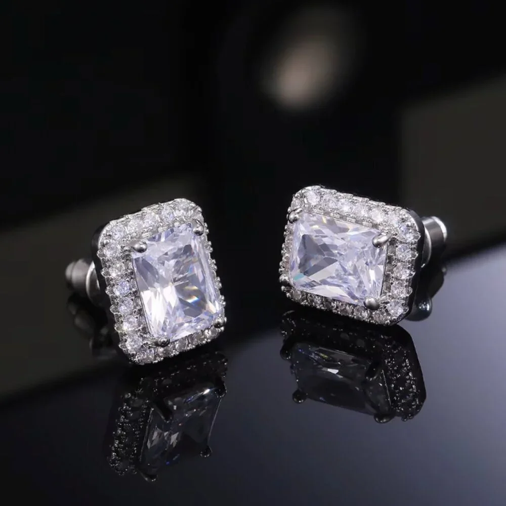 925 Sterling Silver Diamond Emerald Cut Stud Earrings_2